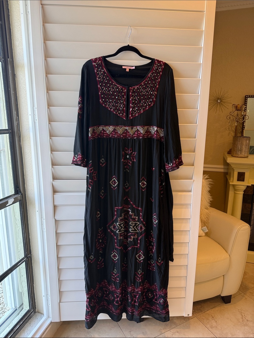 Calypso St. Barth Black Maxi Dress with Burgundy Embroidery